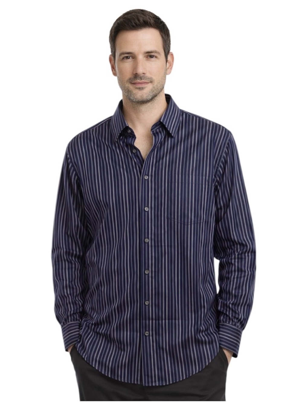 Kenneth Cole Navy Striped Shirt Size M  Neck 15 -15.5 Long Sleeve 32/33 Non iron - Picture 16 of 16